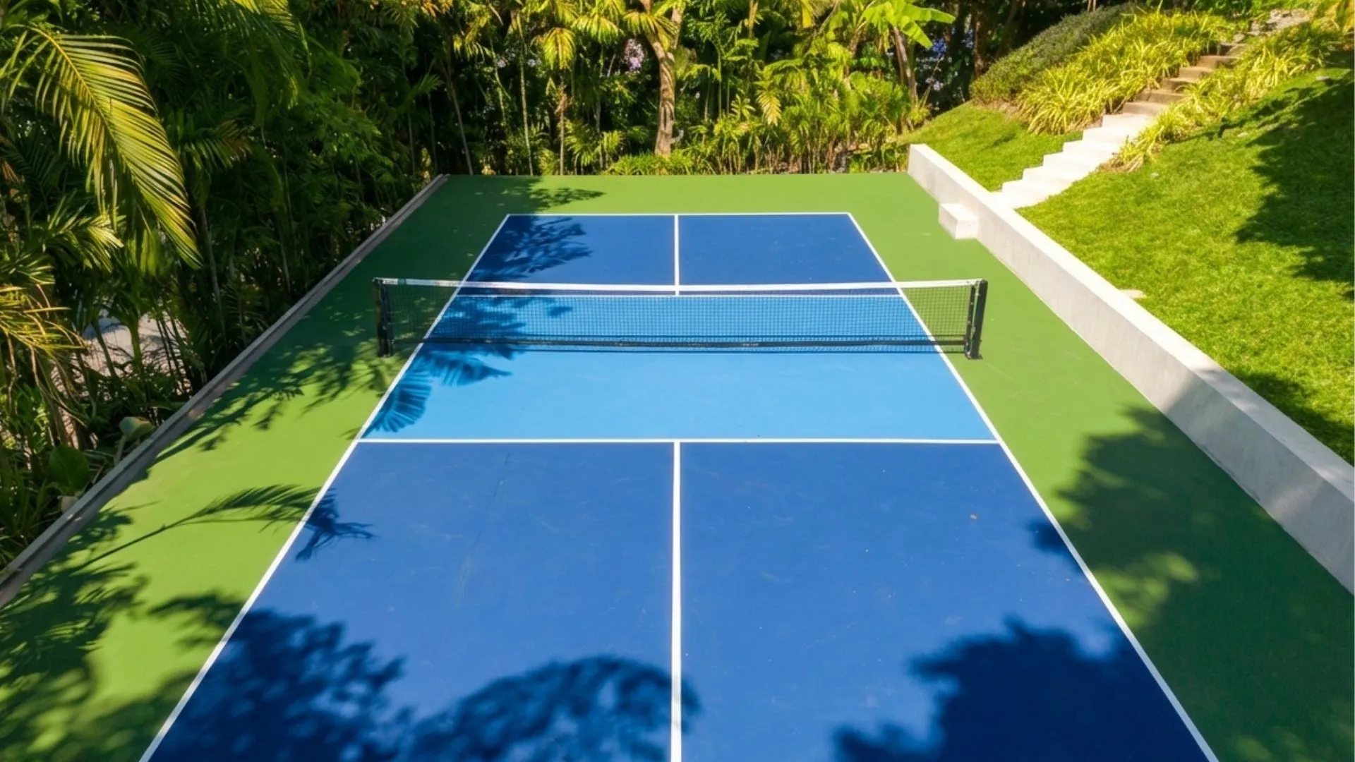 Regulation pickleball court with white line markings and net posts on a smooth concrete surface in a residential backyard.