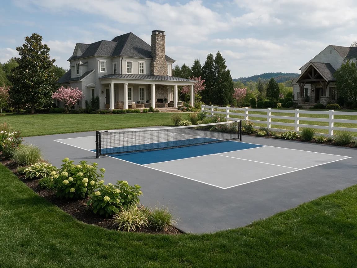 A large grey luxury house with a stone chimney and wide porch, overlooking a perfectly manicured lawn and a newly built grey and blue sports court.